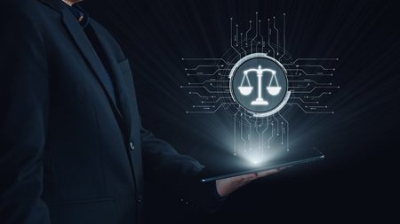 Futuristic digital law interface displaying justice scale, highlighting digital law, AI compliance, digital law systems, and digital law regulations for secure governance. Elideの写真素材
