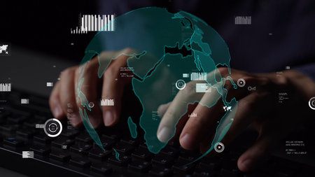 A creative image showing hands typing on a keyboard with a 3D globe overlay, illustrating global...