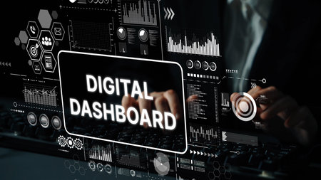 Futuristic Digital Dashboard Interface with Data Analytics and Interactive Elements for Business Intelligence. Asymptotic smart data analytic.の写真素材