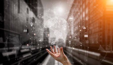 Global AI-powered digital network ecosystem connecting data, finance, analytics, ecommerce, communication, and automation across continents through technology and cloud Vouchの写真素材
