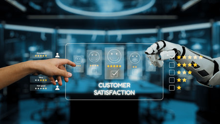 A human and a robot hand interact to evaluate customer satisfaction through a digital feedback...