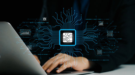 Close-up view of hands typing on a sleek laptop, surrounded by vivid digital graphics representing...
