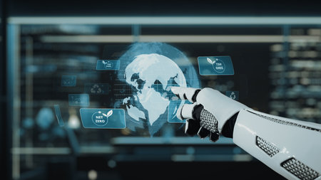 A sleek robotic hand engages with a digital interface featuring a world map, emphasizing sustainability and technological advancements in a modern workspace.の写真素材
