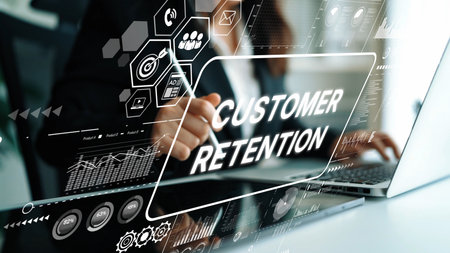 Business Professional Analyzing Customer Retention Strategies with Data Visualizations and Digital Interface. Asymptotic smart data analytic.の写真素材