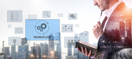 Workflow optimization concept featuring interconnected gears, task management, collaboration, process mapping, review, and automation for business productivity and efficiency Vouchの写真素材