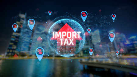 Import Tax Concept with Rising Arrow and City Skyline Background Depicting Economic Impact on Trade and Global Finance. Consignment.の写真素材