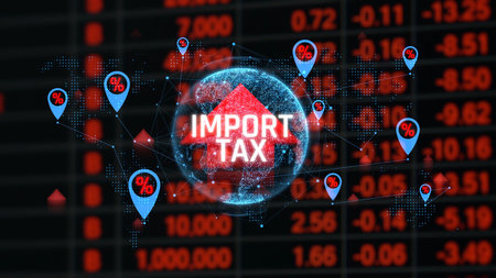 Global Import Tax and Tariff Concept with Data Visualization Overlaid on Stock Market Background. Consignment.の写真素材