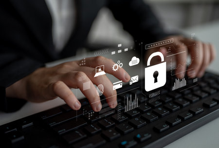 Digital cyber security lock system highlighting data security encryption, cyber password protection, fingerprint ID, cloud storage safety, and cyber security for online access Latchの写真素材