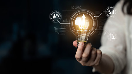 Productivity improvement in digital business, showing productivity tools, productivity tracking, productivity optimization, and workflow for business workplace efficiency. Splineの写真素材