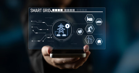 Smart grid system integrating renewable energy sources, energy storage, smart inverters, and demand response for efficient, decentralized, and modern power distributionの写真素材