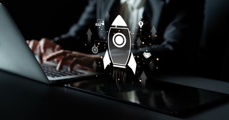 Startup launch and business growth concept, rocket symbolism, entrepreneurship, startup innovation, and early-stage success strategies for new business development and expansion. Splineの写真素材