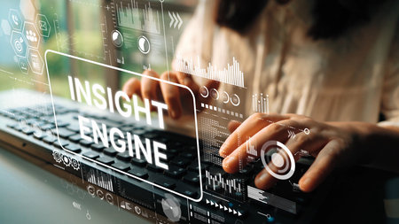 Hands Typing on Keyboard with Digital Graphics Representing Data Insight and Technology Concepts in Modern Workspace. Asymptotic smart data analytic.の写真素材