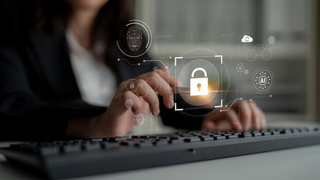 AI cyber security system using biometric authentication and privacy control. Cyber security protects identity, cybersecurity detects threats, cybersecurity ensures safety, and secures data. Latchの写真素材