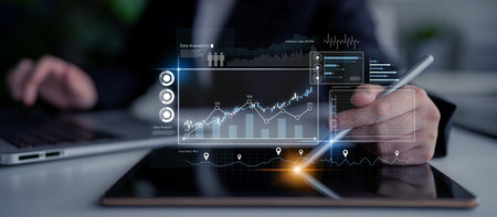 High-tech data visualization dashboard for analytics and performance tracking, including data...