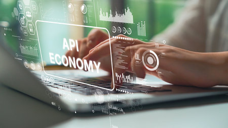 Close-Up View of Hands Typing on Laptop with Overlaid Digital Graphics Depicting API Economy and Data Analytics Trends. Asymptotic smart data analytic.の写真素材