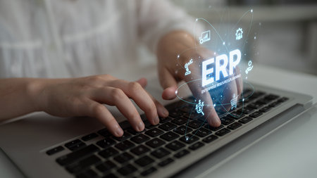 ERP platform visual showing centralized system for enterprise resource planning, improving integration, data flow, business efficiency, finance, inventory, and human resources. Splineの写真素材