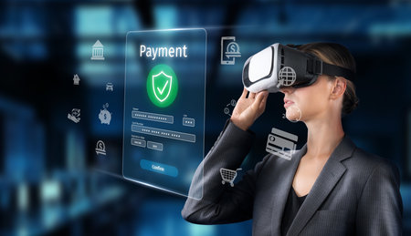 A woman wearing a virtual reality headset interacts with a digital payment system, showcasing the...