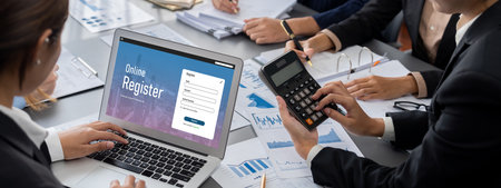 Business intelligence and data analysis concept. Analyst team working on financial data analysis dashboard on laptop screen as marketing indication for effective business strategic planning. Insightの写真素材