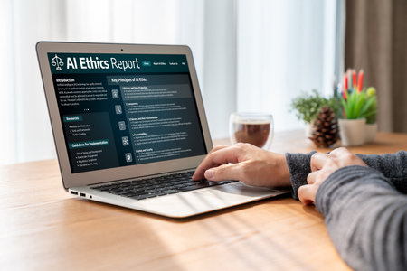 AI ethics responsibility standard law and rules on computer screen provide report of AI ethic transparency preventing technology crime. briskの写真素材
