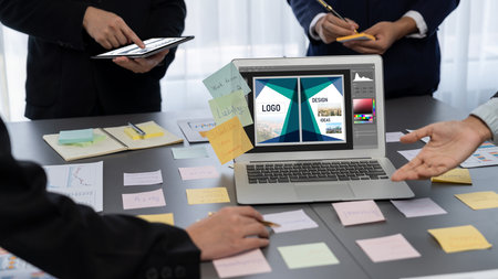 Graphic designer software for modern design of web page and commercial brisk ads showing on the...
