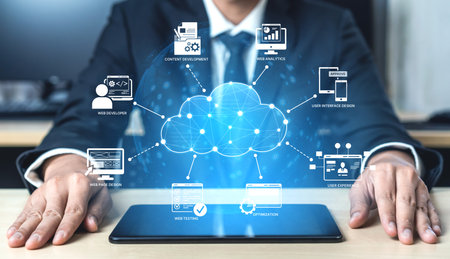 Cloud computing, cloud strategy, and cloud technology transforming digital infrastructure with...