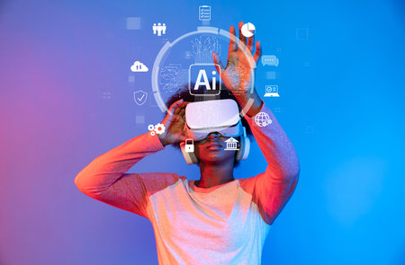 A young individual explores the world of virtual reality with a headset, interacting with AI...