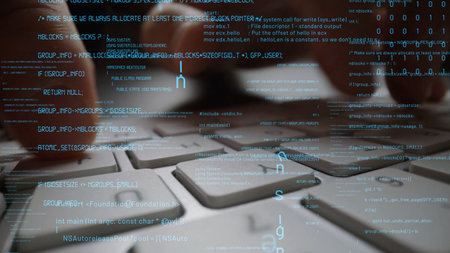 Close-up view of hands typing on a computer keyboard with overlayed abstract code elements,...
