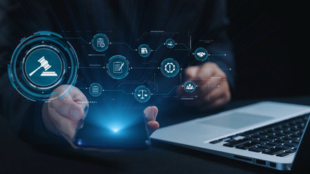Futuristic digital law interface displaying justice scale, highlighting digital law, AI compliance,...