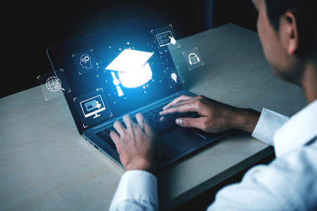 Online learning system combining digital education, e-learning, and virtual classroom to enhance learning, assessment, and global knowledge sharing. Vouchの写真素材