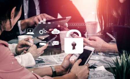 Digital cyber security lock system highlighting data security encryption, cyber password protection,...