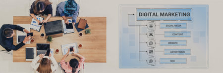 Digital marketing strategy broken down into categories: web, SEO, content, social media, and advertise. Digital tools enhance online marketing success across digital platforms. Splineの写真素材