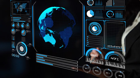 High-tech global network connection interface showing worldwide digital communication, data...