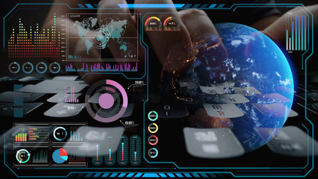 High-tech global network connection interface showing worldwide digital communication, data...