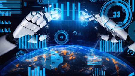 This captivating image features robotic hands interfacing with digital data overlays against a view...