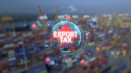 Global Trade and Export Tax Concept with Colorful Shipping Containers in Background and Percentage Symbols Representing Tariffs. Consignment.の写真素材