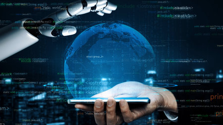 A robotic hand reaches toward a human hand over a smartphone, symbolizing the blend of technology...