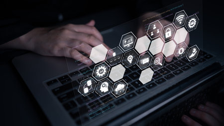 Hexagon interface combining AI, data, analytics, and cybersecurity. AI connects systems, data drives...