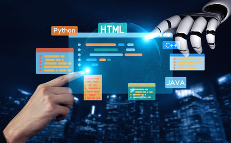 AI artificial intelligence assists software development through smart coding tools, virtual...