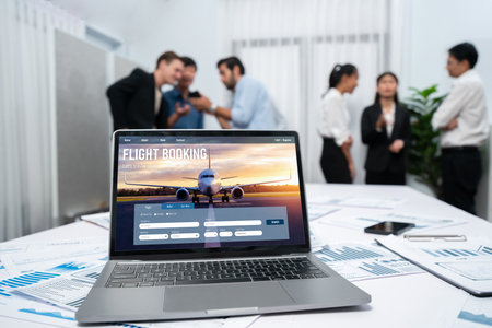 Online flight booking website provide brisk reservation system . Travel technology concept .の写真素材