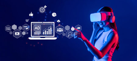 A woman uses a VR headset to explore digital marketing concepts, surrounded by social media icons...