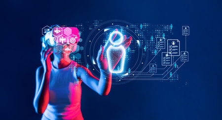 This modern stock image showcases a person engaged in a high-tech recruitment process, highlighting the use of technology in hiring, talent acquisition, and employee management.の写真素材