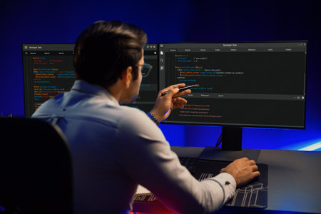 Working smart IT developer pointing data software development on two pc screen, creating application...