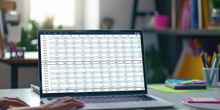 Accounting software on computer screen showing financial statement spreadsheets and account balance of corporate business offer accountant a fine calculation accounting briskの素材