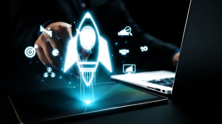 A digital rocket lifts off from a tablet while symbolizing innovation and technology. Icons...
