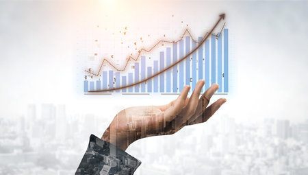 A dynamic hand reaching toward a financial growth graph symbolizes business success, investment...