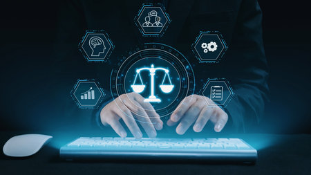 Futuristic digital law interface displaying justice scale, highlighting digital law, AI compliance,...