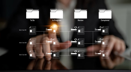 Task workflow system showing document progress through stages. Task tracking improves productivity,...