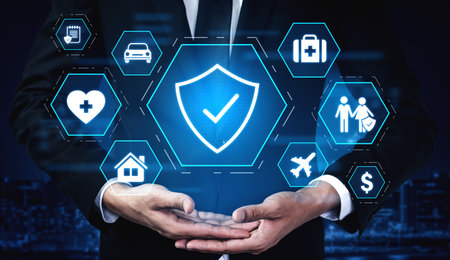 Security and insurance concept showing protection coverage for health, travel, home, car, life, and...