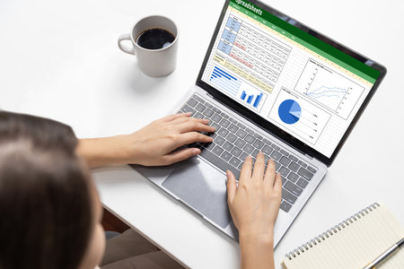 Spreadsheet document information financial startup concept. data and graphs in spreadsheet documents for online analysis project dashboard accounting digital briskの写真素材