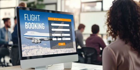 Online flight booking website provide brisk reservation system . Travel technology concept .の素材